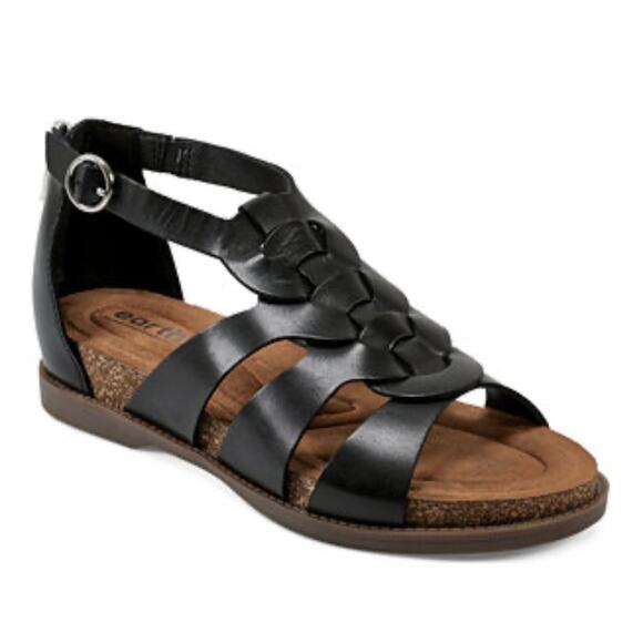 Earth Dale Flat Sandal Black Leather - size 8 - T4 - Picture 1 of 11